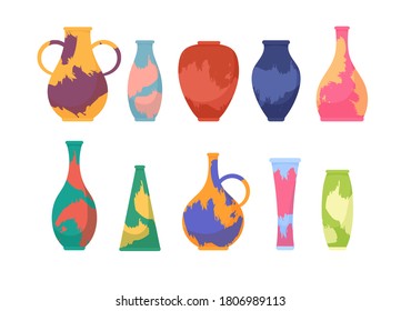 Ceramic acrylic colorful vases. Collection decorative textured vase for interior. Cartoon flat style. Vector illustration.