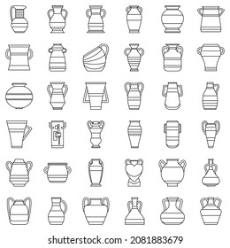 Ceramic amphora, vase. Interior decoration. Ancient Greek amphorae and modern vase design. A set of vector icons, outline, isolated. Editable stroke.