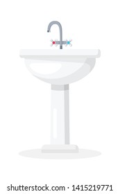 Ceramic bathroom sink flat vector illustration. Washroom attribute, clean washbasin. Domestic skincare equipment. Washstand with handles for cold and hot water. Hygiene, plumbing service symbol