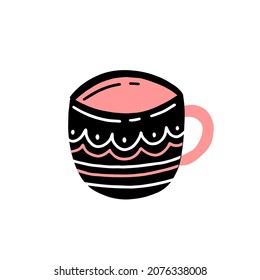 Mugre negra cerámica con patrones de línea y puntos en un estilo de doodle simple. Ilustración vectorial aislada en fondo blanco.