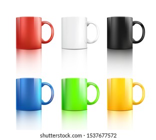 Ceramic blank drink mug set of various colors vector realistic illustration isolated on white background. Coffee or tea cup, mug mockup for branding design presentation.