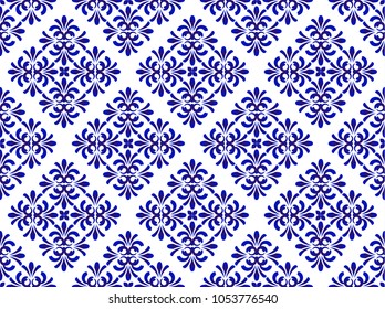 ceramic blue floral pattern seamless vector, cute porcelain background design damask style
