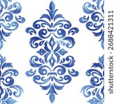 ceramic blue leaves pattern seamless vector, cute porcelain background design damask style. Seamless vintage ornamental watercolor paint pattern for fabric and ceramic tile. Indigo Portuguese abstract