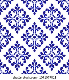ceramic blue leaves pattern seamless vector, cute porcelain background design damask style
