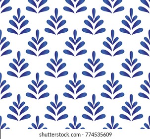 ceramic blue leaves pattern seamless vector, cute porcelain background design