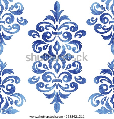 ceramic blue leaves pattern seamless vector, cute porcelain background design damask style. Seamless vintage ornamental watercolor paint pattern for fabric and ceramic tile. Indigo Portuguese abstract