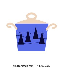 Ceramic blue pot for cooking. Soup tureen with lid. Color flat vector illustration isolated on white background