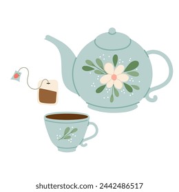 Ceramic blue teapot with cup in flat style. Tea, breakfast, morning. The teapot is decorated with floral painting.
