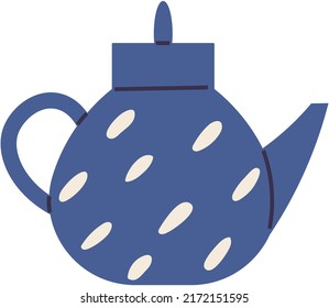 Ceramic blue teapot, kettle isolated on white background. Teapot dishes with handle, lid, spout for draining liquid coffee, tea. Utensil for kitchen, for drinking tea. Dotted blue teakettle with cap