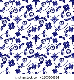 Ceramic blue and white floral pattern. Cute porcelain background design. Great for wallpaper, gifts, textile,  packaging design.