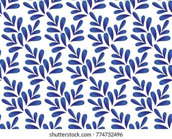 Ceramic Blue And White Leaves Pattern Seamless Vector, Cute Porcelain Background Design