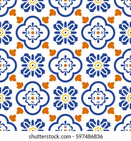 Ceramic blue and white mediterranean seamless tile pattern. Geometric arabic shapes vector texture for textile and wallpaper design.