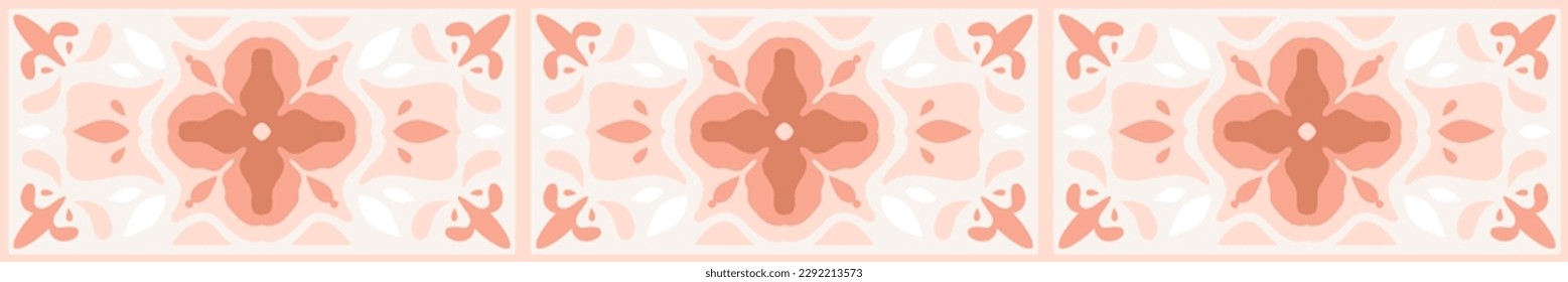 Diseño de borde cerámico, patrón de mayólica con motivos florales en colores grises y rosas. Decoración portuguesa, arte español, geometría damáscara, ilustración vectorial tradicional.