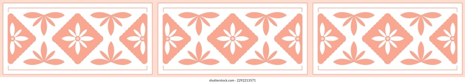 Patrón de borde cerámico. Baldosas mallónicas, Azulejo horizontal, mosaico español, adorno geométrico floral, diseño de cerámica decorativa, ilustración vectorial en colores rosados.