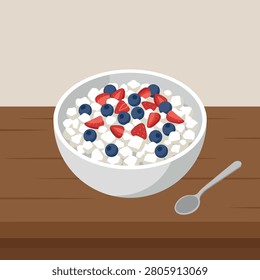 A ceramic bowl containing cottage cheese with fresh strawberries and blueberries on a wooden table.