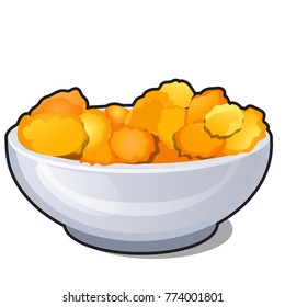 Ceramic bowl with corn flakes isolated on white background. Organic food healthy diet and fitness menu. Vector cartoon close-up illustration.
