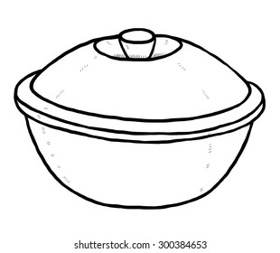 ceramic bowl with cover / cartoon vector and illustration, black and white, hand drawn, sketch style, isolated on white background.