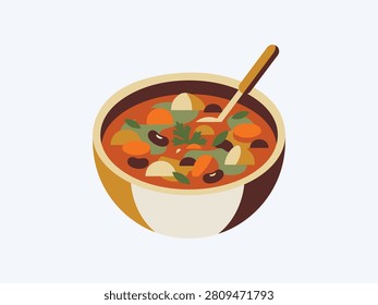 A ceramic bowl filled with a hot vegetable stew soup containing carrots, black beans, and herbs, complete with an immersed wooden serving spoon.