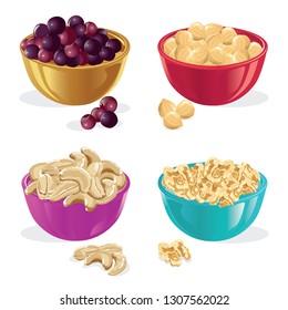 ceramic bowl, grapes, hazelnut, cashew, walnut, vector