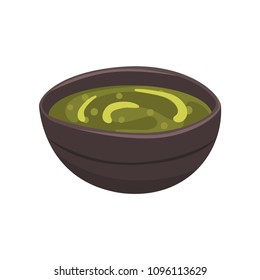 Ceramic bowl with green clay for face and body. Oil for massage. Skin care ingredient. Vector design for poster of spa or wellness center