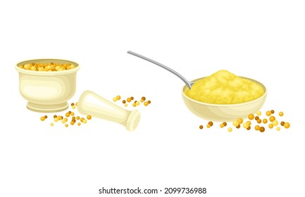 Ceramic bowl of ground mustard seeds, mortar and pestle set. Natural organic healthy product vector illustration