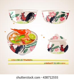 Ceramic bowl with a hen design. Thai food - vector illustration