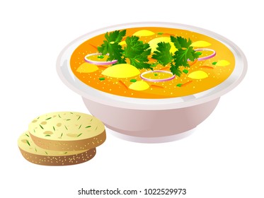 Ceramic bowl of soup with bread