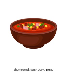 Ceramic bowl of spicy Mexican soup with beans, corn and sliced sausage. Culinary theme. Flat vector design for menu or recipe book