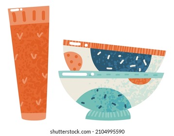 Ceramic bowls with glass pint. Decorative trendy dishware