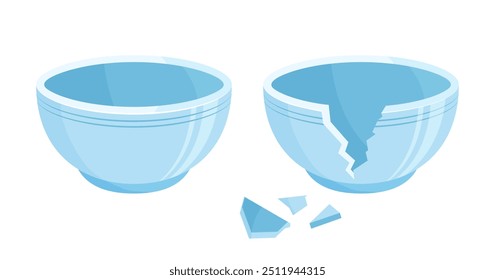 Ceramic broken bowl, empty clay plate crack, cartoon dish shattered. Porcelain jar break to pieces. Blue pot whole and cracked isolated on white background. Tableware vector illustration