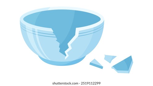 Ceramic broken bowl, empty clay plate crack, cartoon dish shattered. Porcelain jar break to pieces. Blue pot cracked. Tableware vector illustration isolated on white background