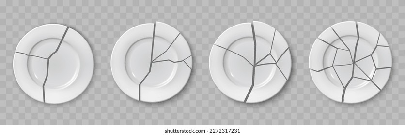 Ceramic broken plates with cracks, porcelain and kitchen dish shattered to pieces, realistic isolated vector. Broken ceramic white plates, round dishware break to splits, kitchenware damaged fragments