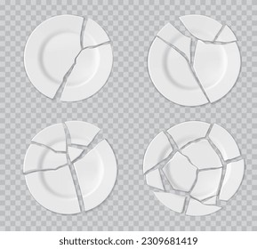 Ceramic broken plates with cracks. White porcelain shattered kitchenware, 3d realistic vector broken plates with sharpe fragments, restaurant dishware or tableware split on pieces