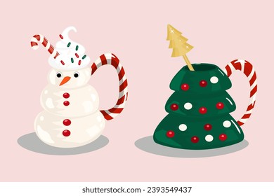 Ceramic Christmas mugs with cocoa and whipped cream. A mug in the shape of a snowman with a candy cane, a mug in the shape of a Christmas tree with a golden spoon. Volumetric vector in cartoon style.