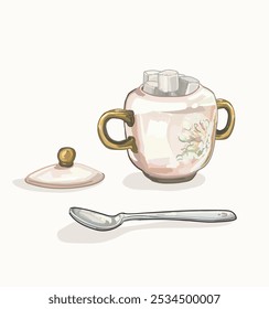 cerâmica clássica cerâmica cerâmica tabeware açúcar cubos ilustração recipiente sobre fundo branco