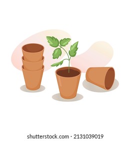 Ceramic clay flower pots. Young green sprout, seedlings in plant pot. Gardening, floriculture, growing plants. Vector illustration for postcards, posters, banners