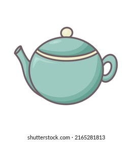 Ceramic or clay teapot doodle style vector illustration. Kettle clipart isolated color icon. Dishes for brewing tea or hot drinks. Cozy homemade breakfast utensils