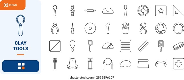 Ceramic clay trimming carving tools line icon set covering pottery, ceramics, loop, and ribbon concepts, thin linear illustration.