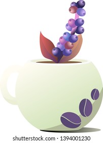 Ceramic coffee Cup. Drawing in the form of coffee beans. A sprig of coffee tree sticks out of the mug.