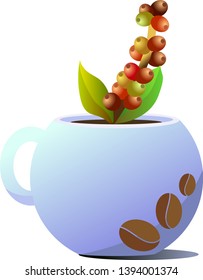Ceramic coffee Cup. Drawing in the form of coffee beans. A sprig of coffee tree sticks out of the mug.