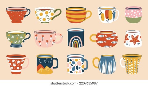 Cafés cerámicos y tazas de té. Vajilla de cocina con elementos escandinavos y florales. Conjunto de vectores de tazas o tazas de cerámica y porcelana, cerámica de casa o café para bebidas calientes, bebidas