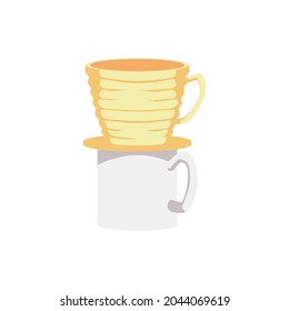 Ceramic coffee dripper funnel on cup, flat vector illustration isolated on white background. Utensil for coffee brewing via dripping method or drip dishes.