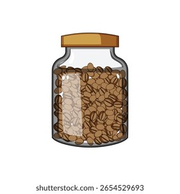 Tarro de café de cerámica de dibujos animados. Frescura del sello, granos molidos, capacidad de la tapa Tarro de café de cerámica signo. símbolo aislado Ilustración vectorial