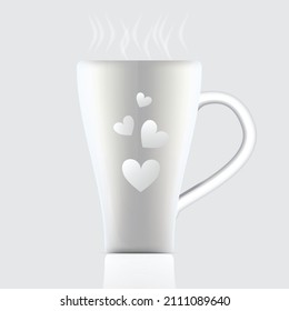 Ceramic coffee mug with 4 hearts, the mug body is white with a shimmering sheen.