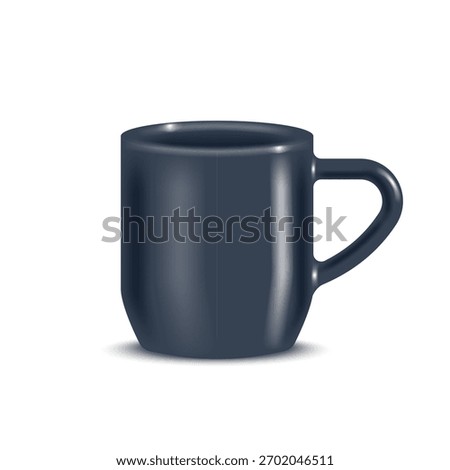 Ceramic coffee mug with dark gray matte glaze and handle isolated on white front view, vector realistic 3d object for kitchenware product packaging mockup, or beverage presentation.