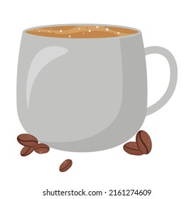 Ceramic coffee mug, morning coffee rituals. Cheerful morning routine, delicious breakfast. Coffee beans. Vector illustration for posters, banner, sticker, cover, postcard, web design, clipart, poster