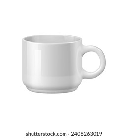 taza de café o taza de té de cerámica, mockup de vajilla realista, vector 3D aislado. Tacup blanco con mango, burla en blanco de la taza de porcelana o plantilla de taza para beber vajilla o vajilla de cocina