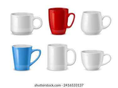 Ceramic coffee mugs and tea cups, realistic tableware mockup. Coffeeshop cafe white porcelain cups, restaurant hot drink colorful ceramic mugs or home kitchenware 3d vector isolated mock up set