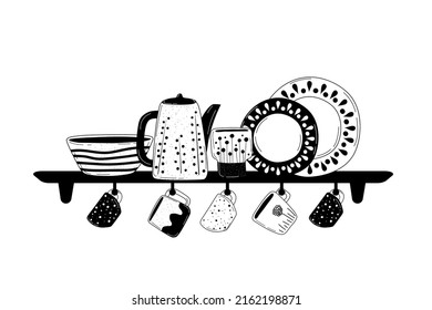 Ceramic cooking crockery. Decorative handmade kitchen utensils or tableware such as plates, cups, dishes. Cookware for food preparing, serving and decoration design hand drawn vector illustration