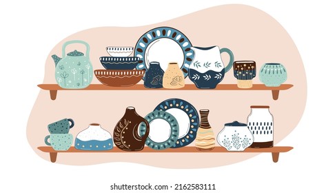 Ceramic cooking crockery. Decorative handmade kitchen utensils or tableware such as plates, cups, dishes. Cookware for food preparing, serving and decoration design hand drawn vector illustration